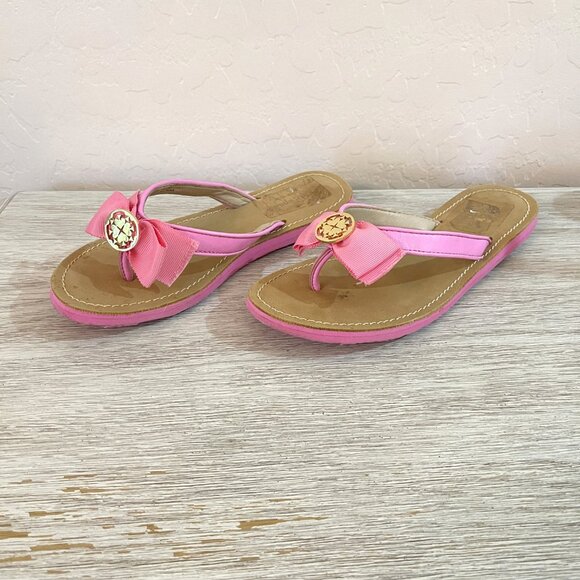 Kate Spade Sandals 6 Ida Pink Ribbon Gold Logo Flip Flops - Picture 2 of 10